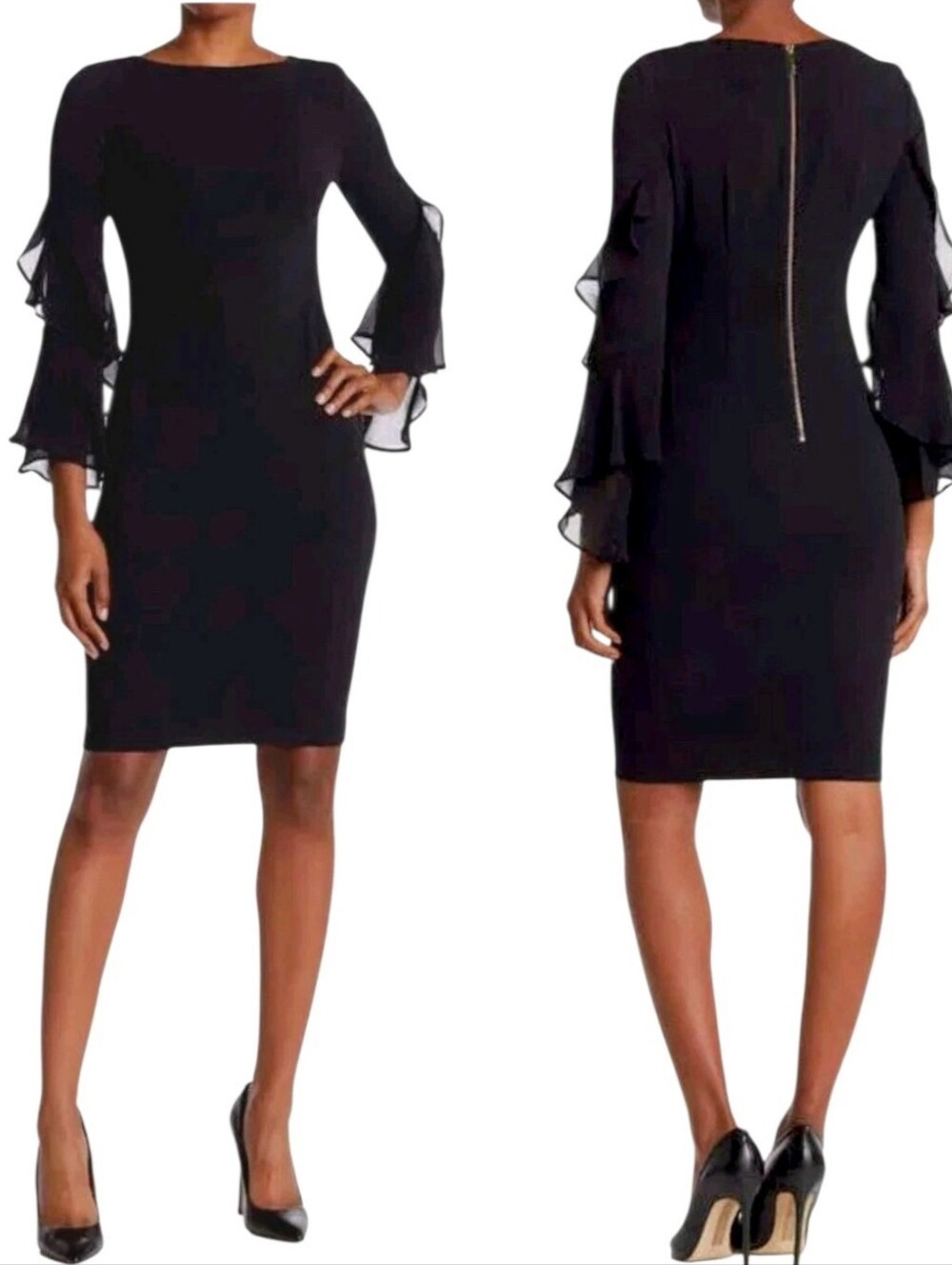 Calvin Klein Black Ruffle Sleeve Midi Dress